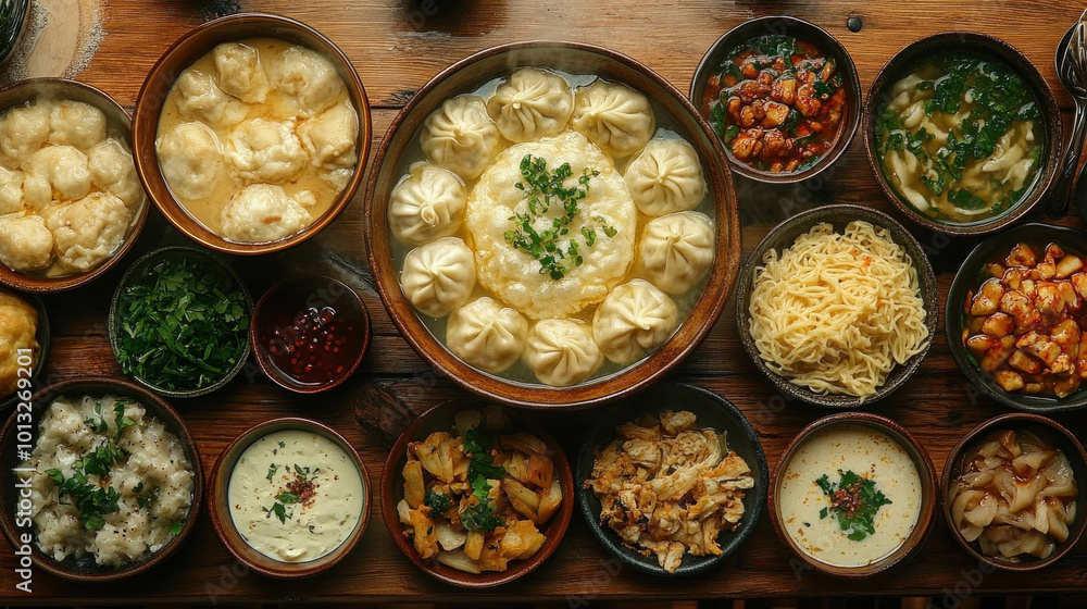Tibetan Winter Table: Tibetan table with momos, butter tea, and noodle soup, served in a warm, inviting setting with family gathered around Tibetan Winter Table: Tibetan table with momos, butter tea, and noodle soup, served in a warm, inviting setting with family gathered around