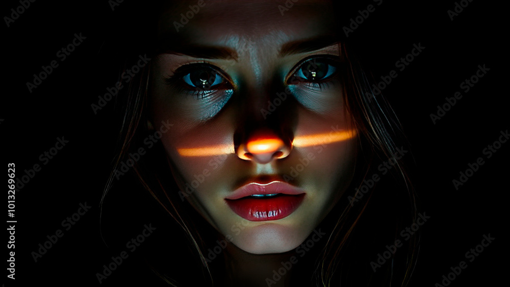 Portrait of a beautiful young girl in a beam of light on a dark background Portrait of a beautiful young girl in a beam of light on a dark background