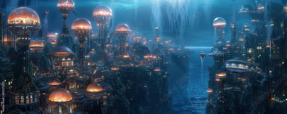 Obraz premium Futuristic submerged city with domed buildings and jellyfish lighting, 4K hyperrealistic photo