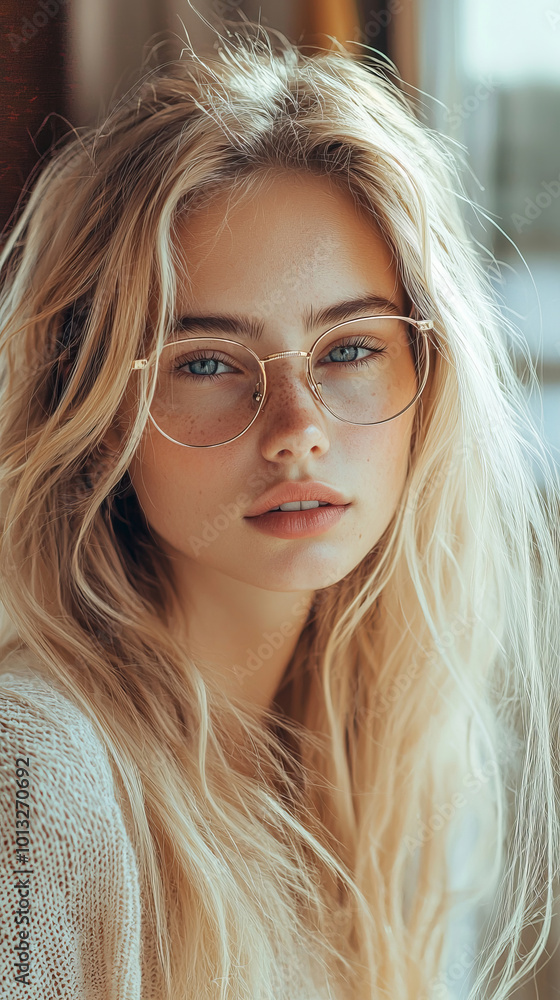 A blonde woman with glasses and a white sweater A blonde woman with glasses and a white sweater