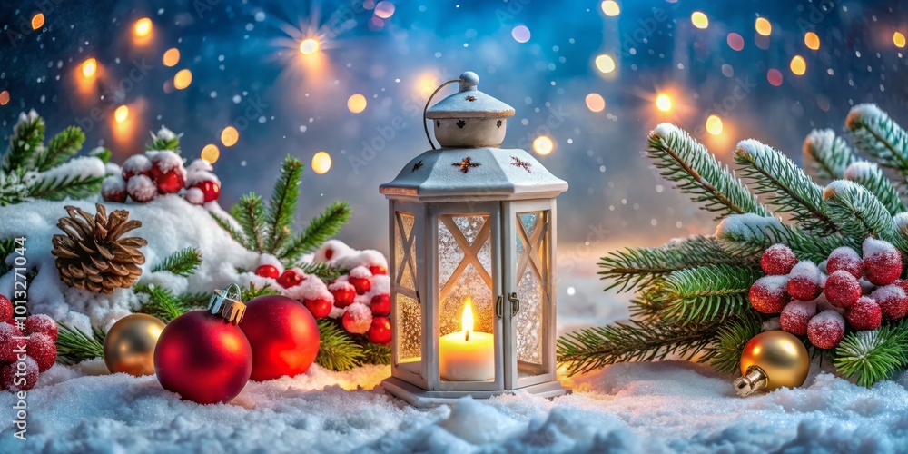 Charming Christmas lantern featuring ornaments nestled in snow, evokes a delightful winter wonderland ambiance, ideal Charming Christmas lantern featuring ornaments nestled in snow, evokes a delightful winter wonderland ambiance, ideal