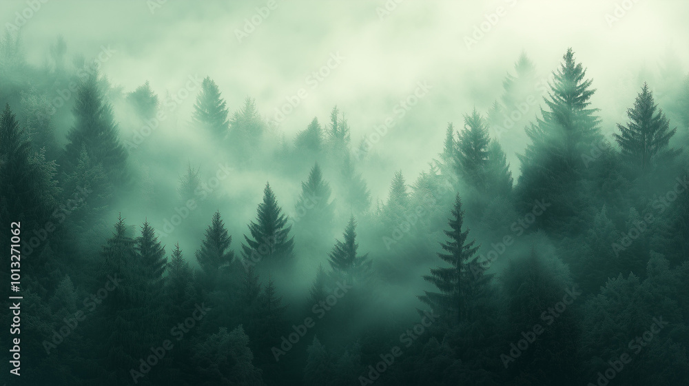 Misty Mountainous Landscape Covered In Dense Fog And Towering Pine Trees Misty Mountainous Landscape Covered In Dense Fog And Towering Pine Trees