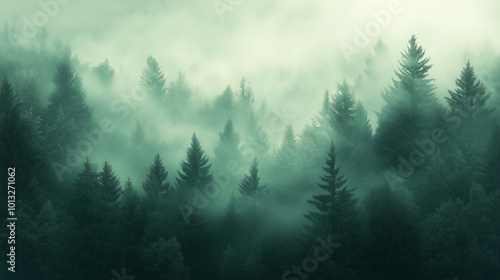 Misty Mountainous Landscape Covered In Dense Fog And Towering Pine Trees