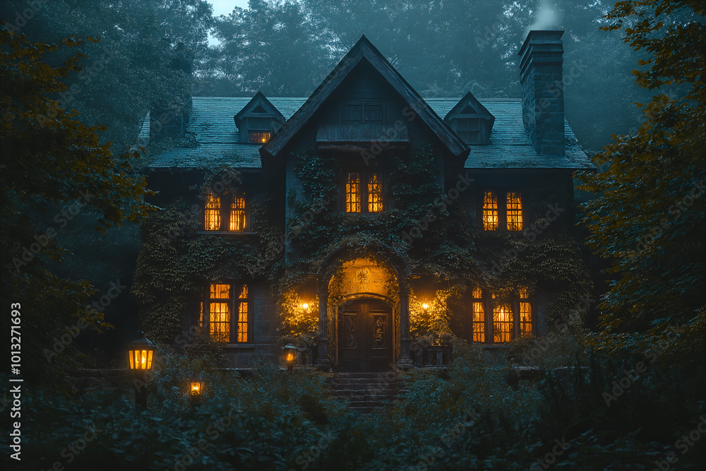 Halloween theme of a haunted house at night. A large, dark house with cracked windows and ivy-covered walls, illuminated by moonlight. The house is surrounded by dense, foggy trees Halloween theme of a haunted house at night. A large, dark house with cracked windows and ivy-covered walls, illuminated by moonlight. The house is surrounded by dense, foggy trees