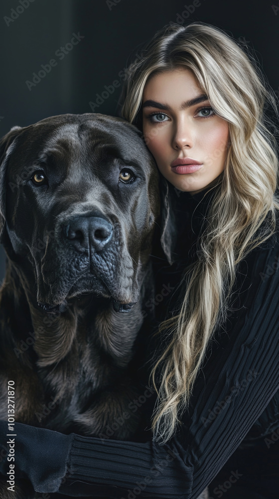 A woman is hugging a large black dog. The dog is looking at the camera with its eyes wide open. The woman is wearing a black shirt and has blonde hair A woman is hugging a large black dog. The dog is looking at the camera with its eyes wide open. The woman is wearing a black shirt and has blonde hair