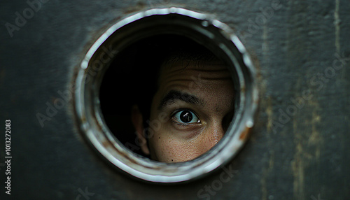 Position the camera to shoot through a large keyhole, where the person on the other side is framed, giving the photo a voyeuristic or secretive perspective photo