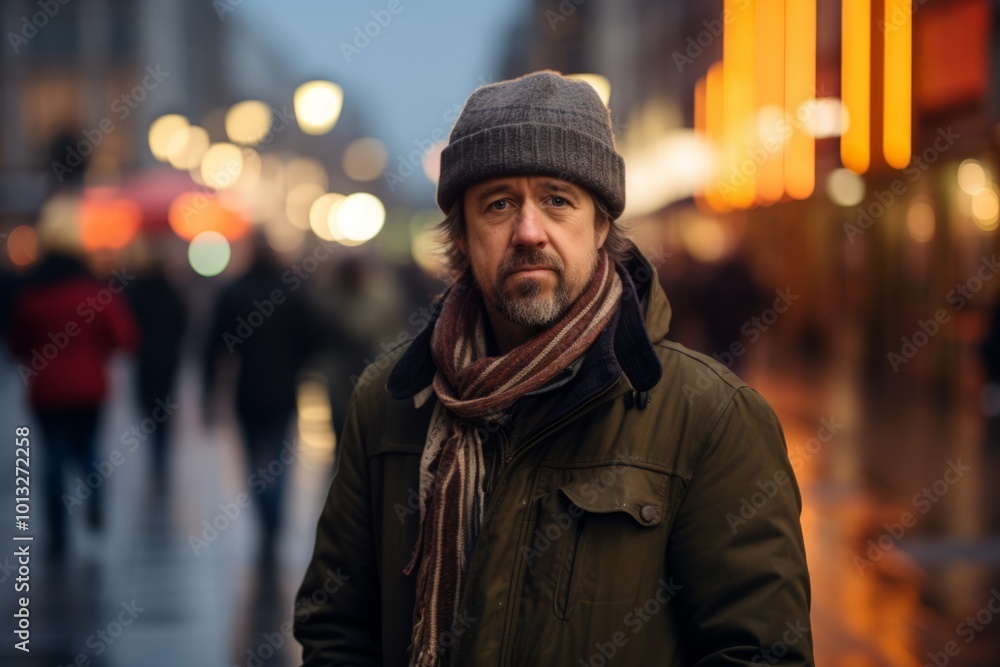 Portrait of a middle-aged man with a beard in a hat and scarf on a city street at night Portrait of a middle-aged man with a beard in a hat and scarf on a city street at night
