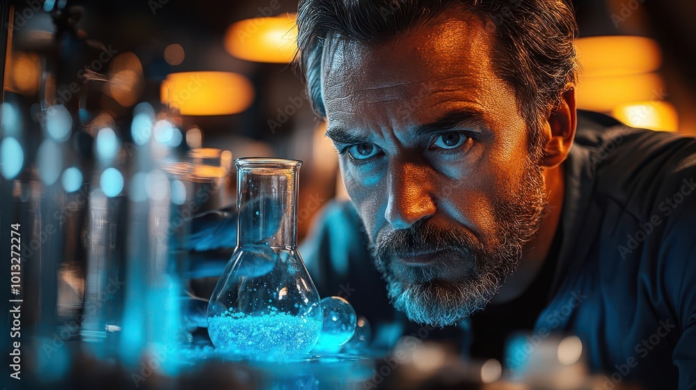 scientist in a laboratory carefully analyzing a vivid blue substance in a beaker the scene illuminated by bright overhead lights emphasizing the importance of research in biotechnology scientist in a laboratory carefully analyzing a vivid blue substance in a beaker the scene illuminated by bright overhead lights emphasizing the importance of research in biotechnology