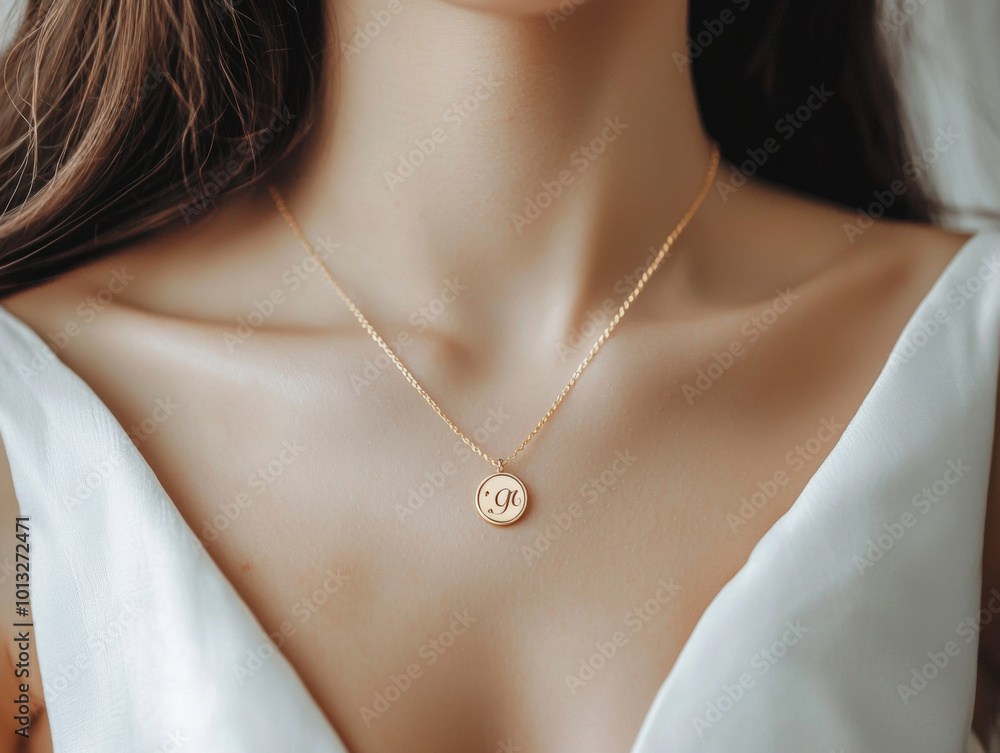 A woman wearing a gold necklace with the letter M on it A woman wearing a gold necklace with the letter M on it