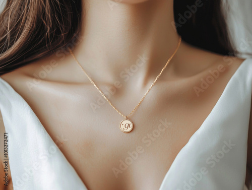 A woman wearing a gold necklace with the letter M on it