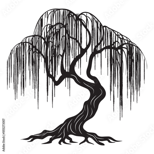 Willow Tree Vector illustration in black and white - Willow Plant Clipart Design

