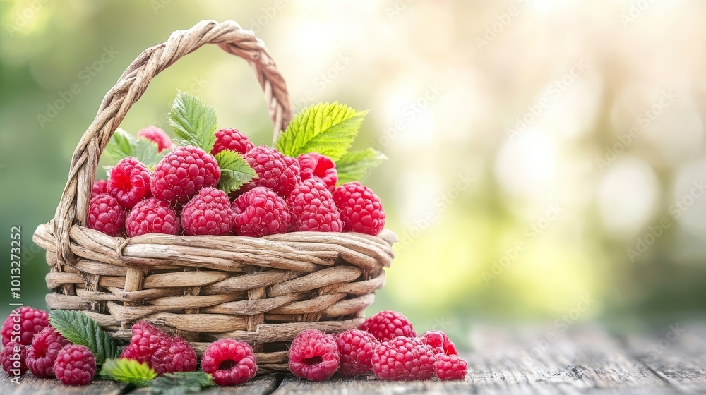 Vibrant raspberries overflowing from a rustic basket, bountiful berry harvest, inviting and fresh, perfect for summer treats Vibrant raspberries overflowing from a rustic basket, bountiful berry harvest, inviting and fresh, perfect for summer treats