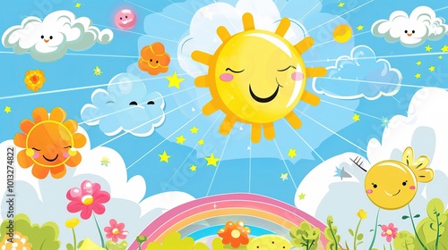 Cute Cartoon Rainbow Background for Children's Day - a delightful and colorful visual. The cute cartoon rainbow backdrop is perfect for celebrating Children's Day