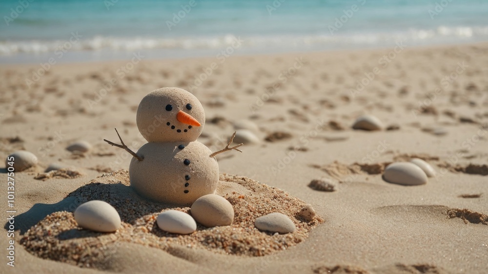 Obraz premium Beach Snowman on a Sunny Sandy Shore, tropical Christmas in summer