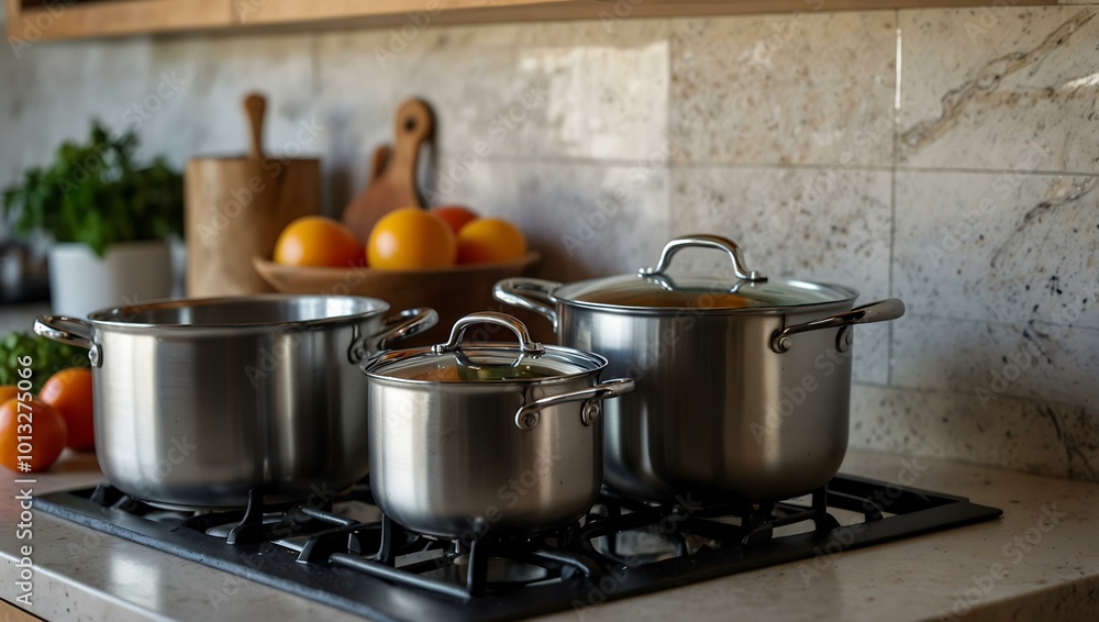 Stainless steel pots ready for cooking on a stylish kitchen counter. Stainless steel pots ready for cooking on a stylish kitchen counter.