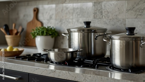 Stainless steel pots ready for cooking on a stylish kitchen counter.