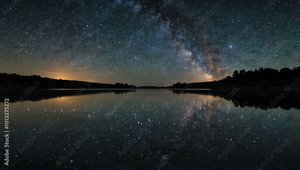 Starry night sky with the Milky Way reflected on tranquil waters. Starry night sky with the Milky Way reflected on tranquil waters.