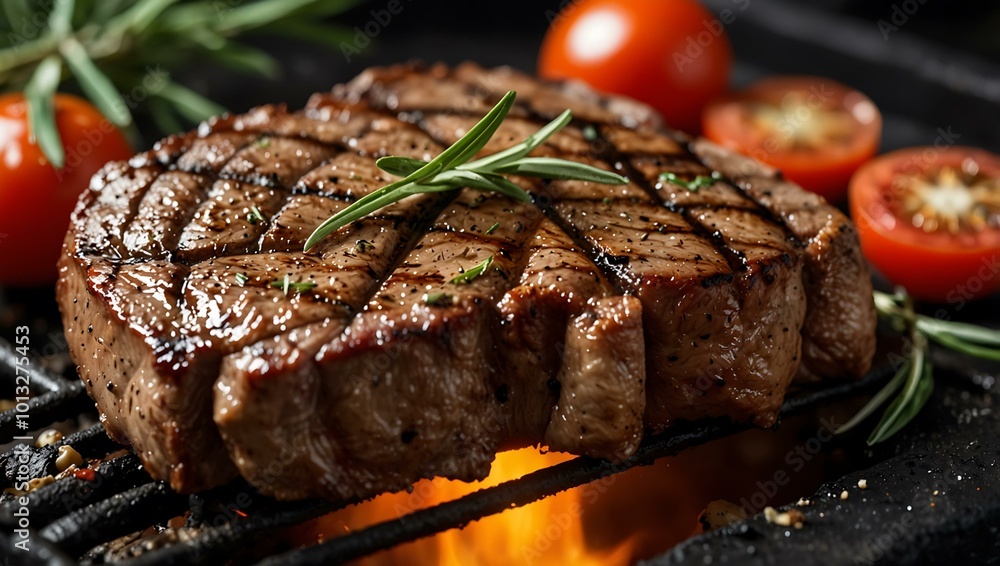 Steaks grilling on a barbecue, garnished with rosemary and tomatoes, capturing rich flavors. Steaks grilling on a barbecue, garnished with rosemary and tomatoes, capturing rich flavors.