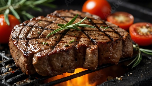 Steaks grilling on a barbecue, garnished with rosemary and tomatoes, capturing rich flavors.