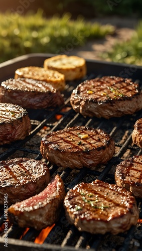 Steaks and burgers sizzling on the grill under the sun, evoking outdoor cooking joy.