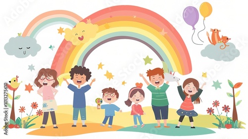 Cute Cartoon Rainbow Background for Children's Day - a delightful and colorful visual. The cute cartoon rainbow backdrop is perfect for celebrating Children's Day