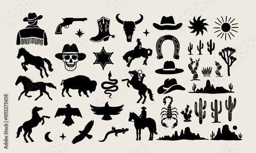 Vector set contains 45 black Western-themed icons, including cowboys, horses, desert landscapes, cacti,, skulls, boots, and stars.