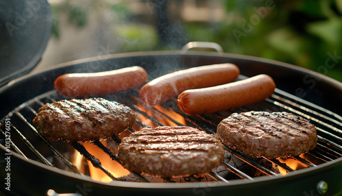 Grilling beef patties and hot dogs on charcoal grill outside in backyard.