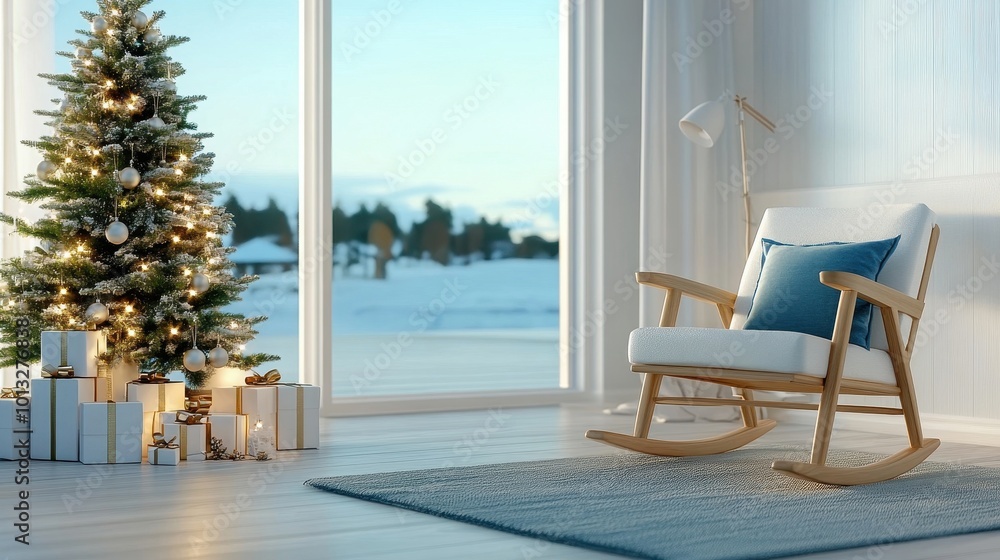 Rocking chair and Christmas tree in a peaceful nursery, holiday atmosphere Rocking chair and Christmas tree in a peaceful nursery, holiday atmosphere