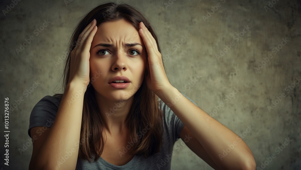 Stressed woman with hands on her head, conveying anxiety. Stressed woman with hands on her head, conveying anxiety.