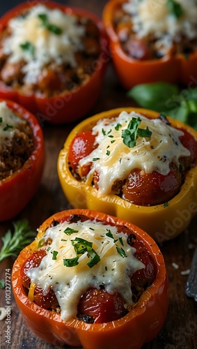 Stuffed bell peppers with Italian sausage and rice, topped with melted cheese.