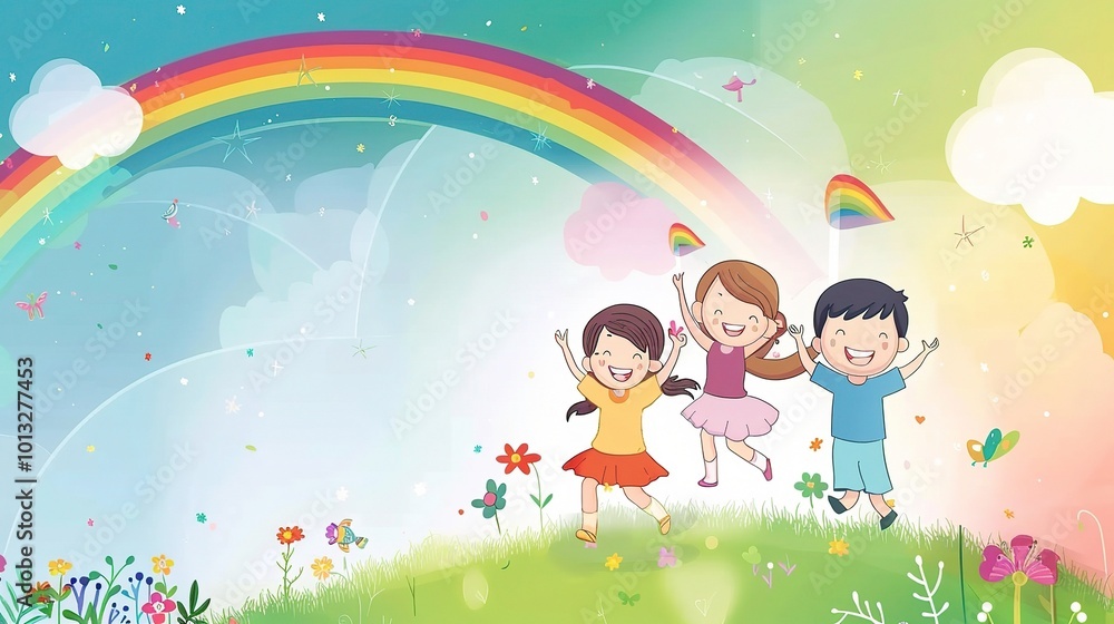 Cute Cartoon Rainbow Background for Children's Day - a delightful and colorful visual. The cute cartoon rainbow backdrop is perfect for celebrating Children's Day Cute Cartoon Rainbow Background for Children's Day - a delightful and colorful visual. The cute cartoon rainbow backdrop is perfect for celebrating Children's Day
