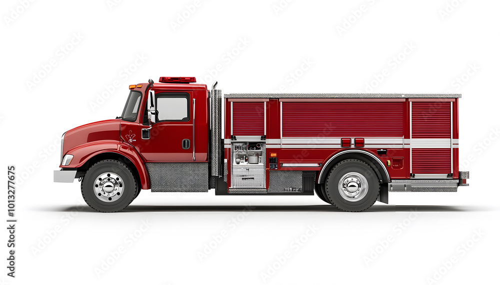 Classic Red Fire Truck with Equipment Side View Isolated on White Background design Classic Red Fire Truck with Equipment Side View Isolated on White Background design