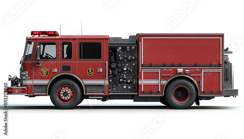 Classic Red Fire Truck with Equipment Side View Isolated on White Background design