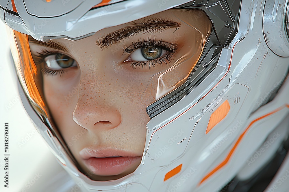 3d Astronaut woman in a space helmet gazes ahead with determination, embodying readiness and focus for a space mission; sci fi Close-up portrait of girl for spaceship exploration of the universe 3d Astronaut woman in a space helmet gazes ahead with determination, embodying readiness and focus for a space mission; sci fi Close-up portrait of girl for spaceship exploration of the universe