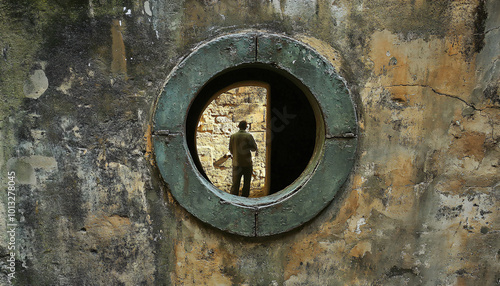 Position the camera to shoot through a large keyhole, where the person on the other side is framed, giving the photo a voyeuristic or secretive perspective photo