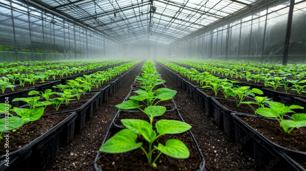 A greenhouse demonstrating the effects of a controlled microclimate, where humidity and temperature are regulated to optimize plant growth A greenhouse demonstrating the effects of a controlled microclimate, where humidity and temperature are regulated to optimize plant growth