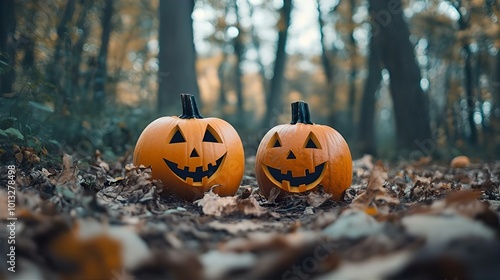 A spooky jack-o-lantern with a carved face sits alone in the dark woods, surrounded by the colors of autumn, embodying the spirit of Halloween