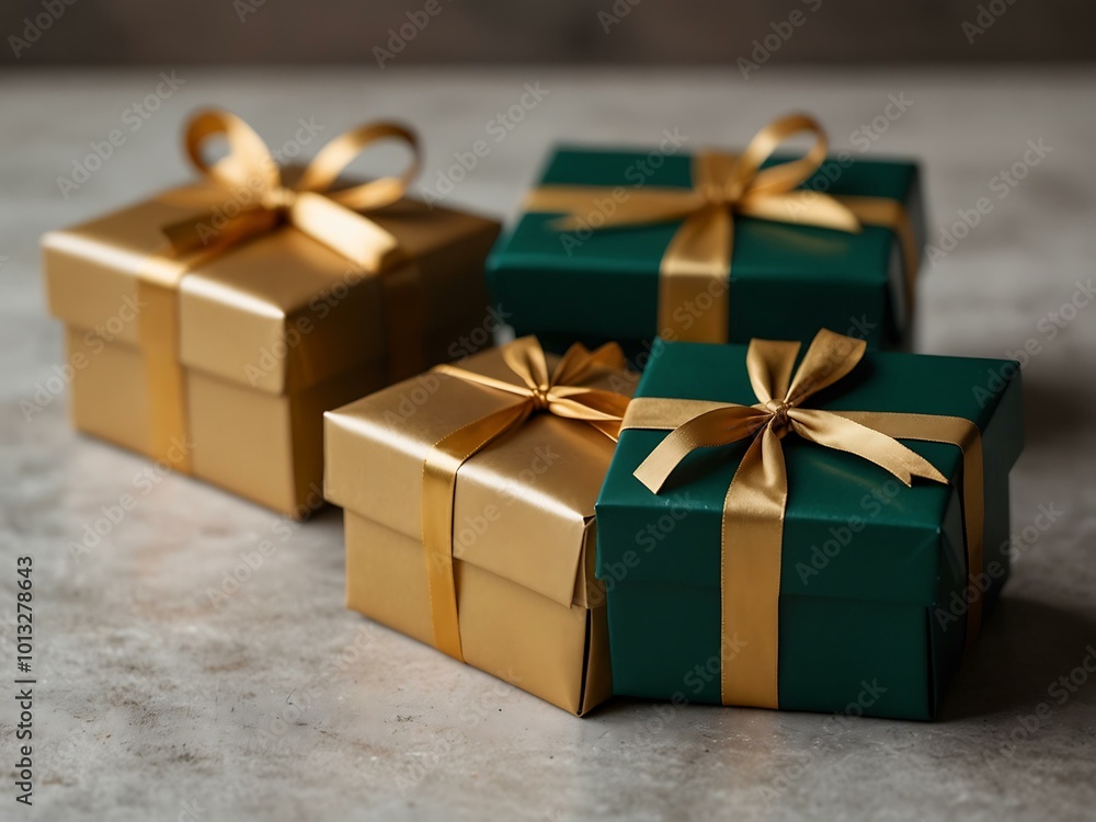Stylish holiday gift boxes in gold and green Stylish holiday gift boxes in gold and green