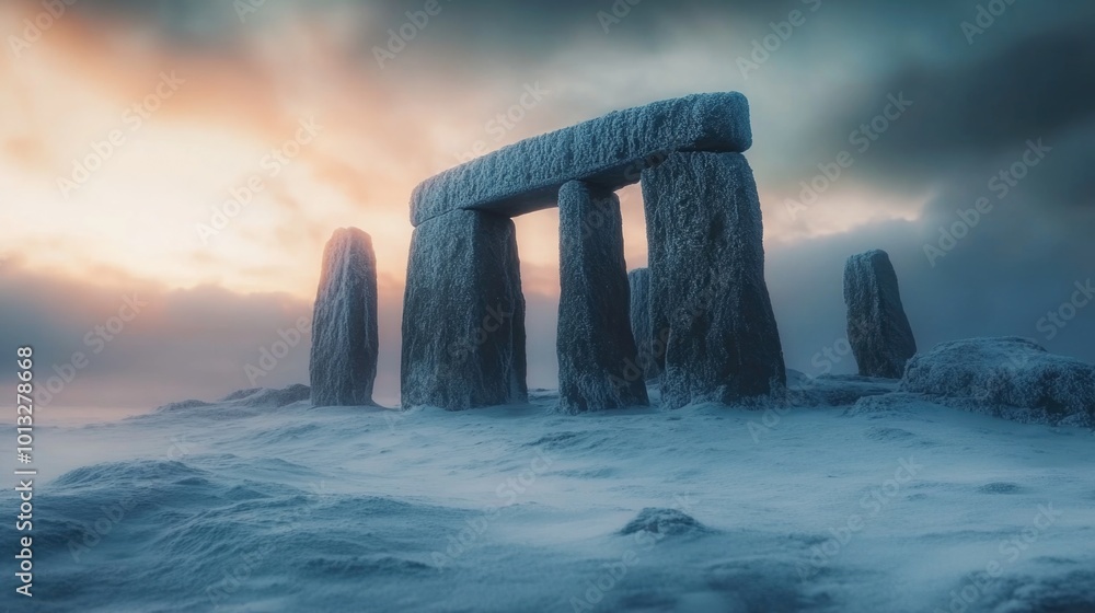 Fototapeta premium Stone monument in snowy field