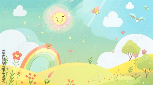 Cute Cartoon Rainbow Background for Children's Day - a delightful and colorful visual. The cute cartoon rainbow backdrop is perfect for celebrating Children's Day
