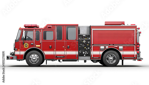 Classic Red Fire Truck with Equipment Side View Isolated on White Background design