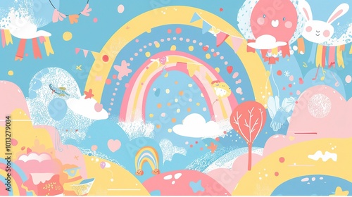 Cute Cartoon Rainbow Background for Children's Day - a delightful and colorful visual. The cute cartoon rainbow backdrop is perfect for celebrating Children's Day