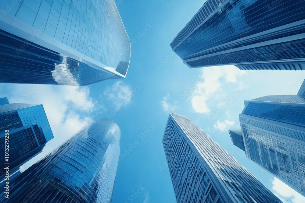 Naklejka premium Skyscrapers in a Modern City with Blue Sky and Clouds from a Low Angle View