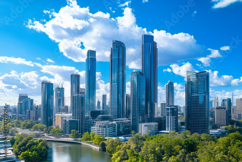 Aerial View of City Skyline with Skyscrapers and Buildings