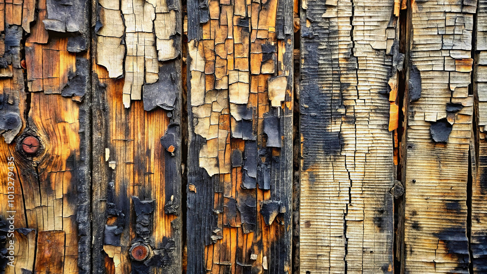 Obraz premium Wooden background. Peeling, burnt paint on old wooden boards. AI, Generation, Illustration.