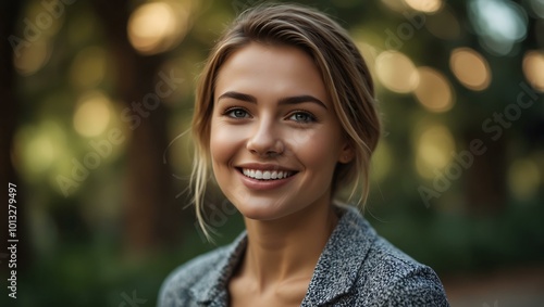 Stylish woman smiling outdoors with soft bokeh background.