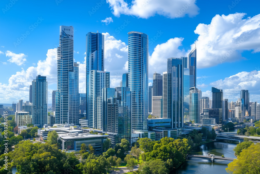 Fototapeta premium Aerial View of City Skyline with Skyscrapers and Buildings