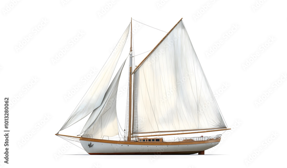 Obraz premium Classic Wooden Sailboat with White Sails Isolated on a White Background design