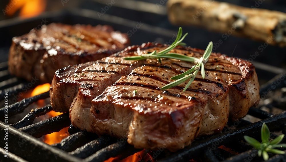 Succulent steaks sizzle on a barbecue grill, garnished with rosemary, showcasing gourmet presentation and rich flavors. Succulent steaks sizzle on a barbecue grill, garnished with rosemary, showcasing gourmet presentation and rich flavors.