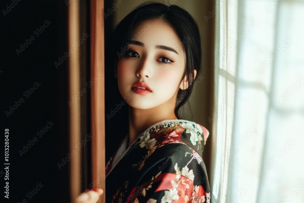 Woman in kimono at window Woman in kimono at window